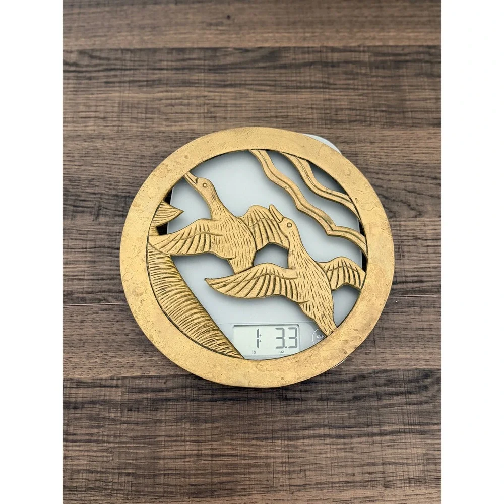 Vintage Brass Flying Mallard Ducks Round Wall Plaque Trivet MCM Cabin Wildlife